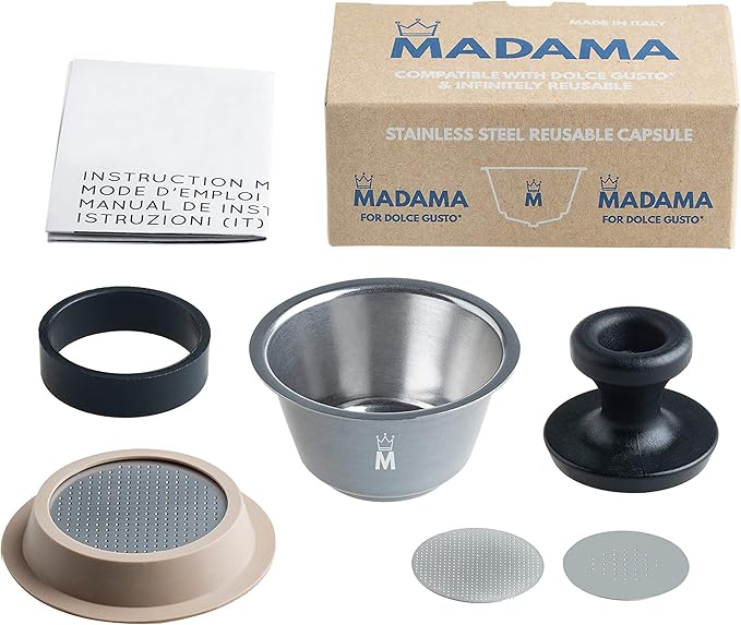 Madama - Refillable and Reusable Capsule Compatible with Dolce Gusto. Stainless Steel and Food-grade Silicone. Pack of 1 pod