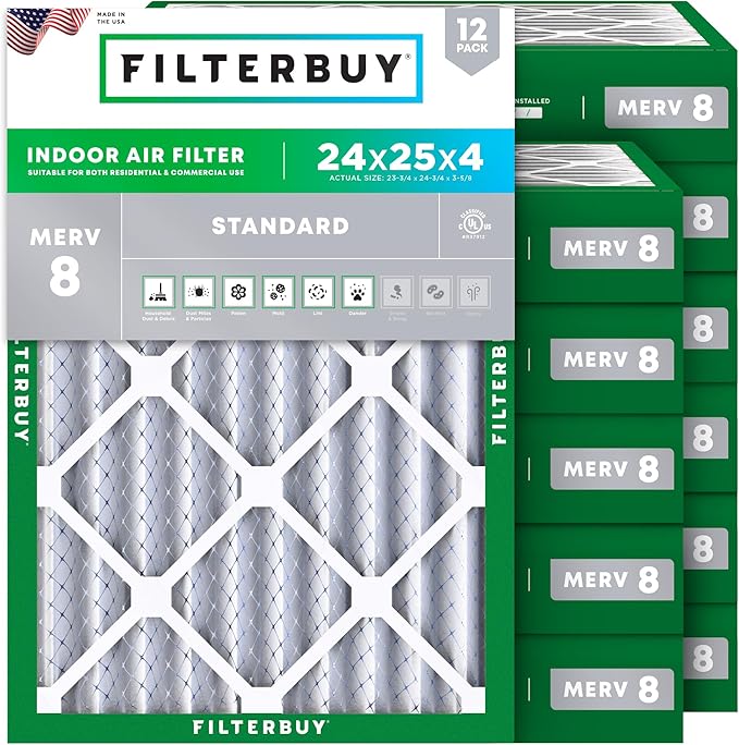 Filterbuy 24x25x4 Air Filter MERV 8 Essential Dust & Allergy Defense (12-Pack), Electrostatic Pleated HVAC AC Furnace Filters Replacement, Made in USA (Actual Size: 23.75 x 24.75 x 3.63)