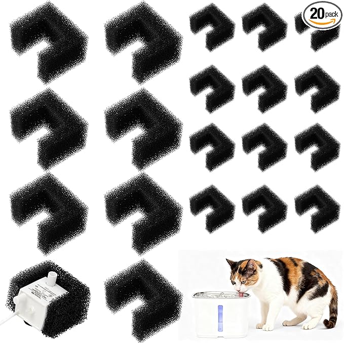 Enhon 20 Pack Foam Filters Replacement for Pet Fountains Compatible with Petsafe Viva 64oz & 140oz, Cat Dog Drinking Water Fountain Sponge Filters for Debris Removal, Pump Protection & Filtration