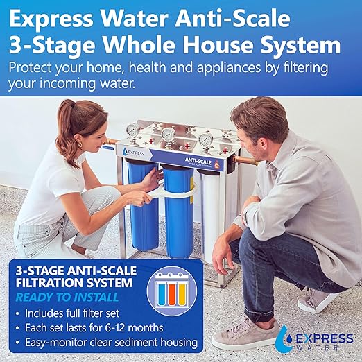 Express Water Whole House Water Filter System, Anti-Scale 3 Stage Home Purifier Prevents Scale Build-Up, Protects Pipes, Appliances with Polyphosphate Filter, Stainless Steel Frame & Pressure Gauges
