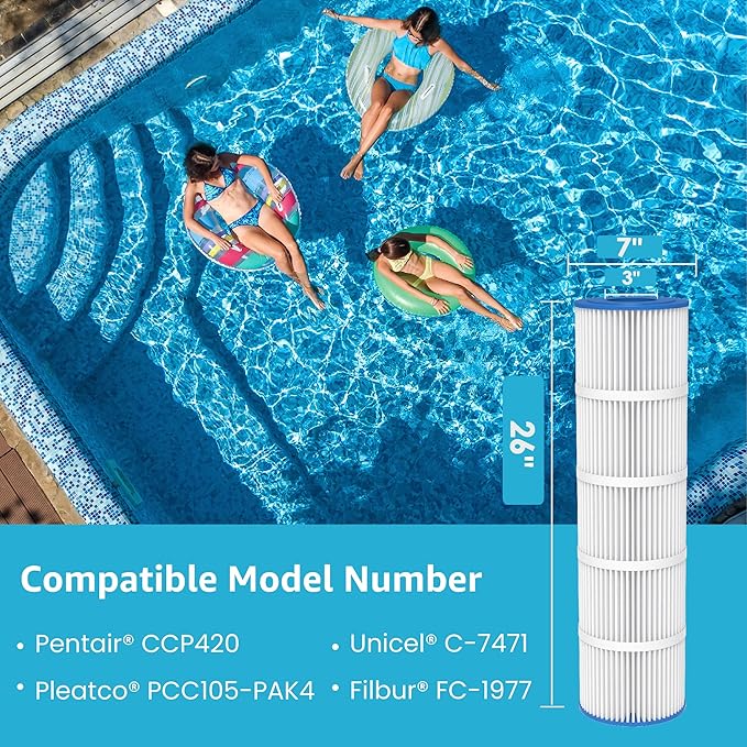 AQUA CREST Pool Filter Replacement for Pentair® CCP420, PCC105-PAK4, Unicel® R173576, C-7471, 178584, Filbur® FC-1977, Clean and Clear Plus 420, L x OD: 26"x7", 4X105 sq.ft, 4 Pack