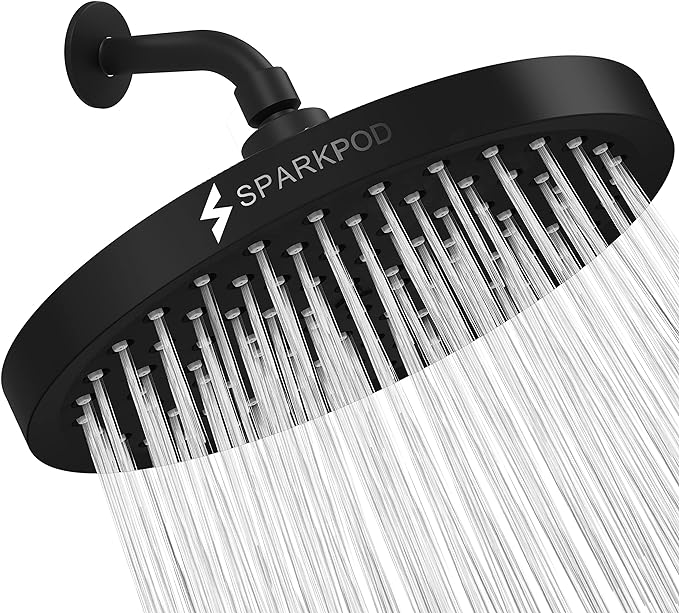 SparkPod Shower Head - High Pressure Rain - Premium Quality Luxury Design - Easy Clean Adjustable Replacement for Your Bathroom Shower Heads (Midnight Black Matte, 8 Inch Round)