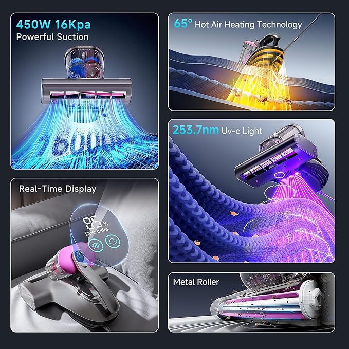 uwant Mattress Vacuum Cleaner, 16KPa 450W Suction Bed Vacuum Cleaner with 253.7nm UV-C Light & Ultrasonic, 149°F Heat, 36000 RPM/Min Tapping, HEPA Filter for Bed Sofa Crib