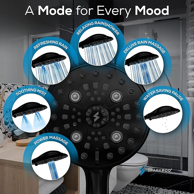 SparkPod 6 Spray Setting High Pressure Hand Held Shower Head - 6" Wide Angle Handheld Shower Head Set with Brass Swivel Ball Bracket and 70 Inch Long Hose - Luxury Design (Midnight Black Matte)