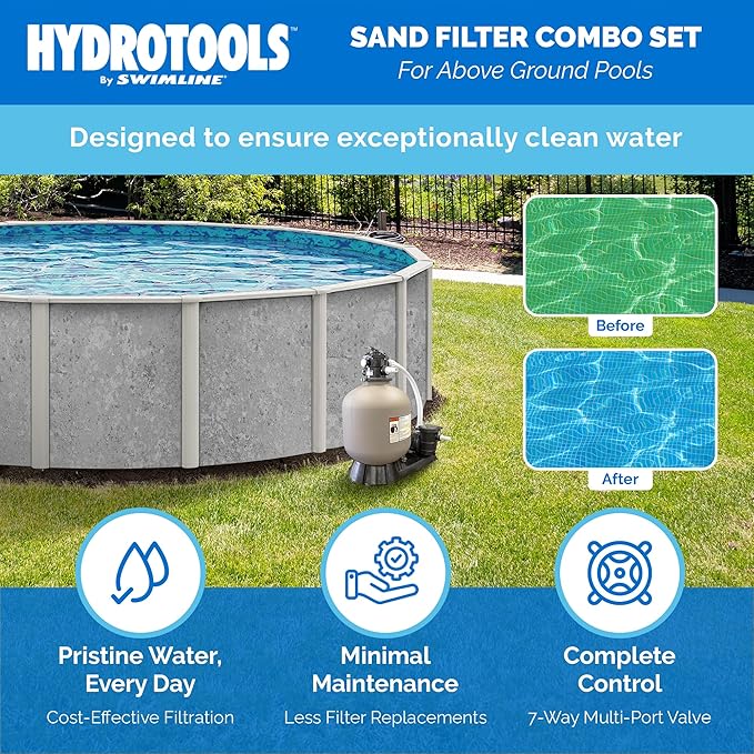 Swimline HYDROTOOLS BY SWIMLINE 22 Inch Sand Filter Combo Set With Stand & Multi Port Valve | 250 Pound Sand Capacity