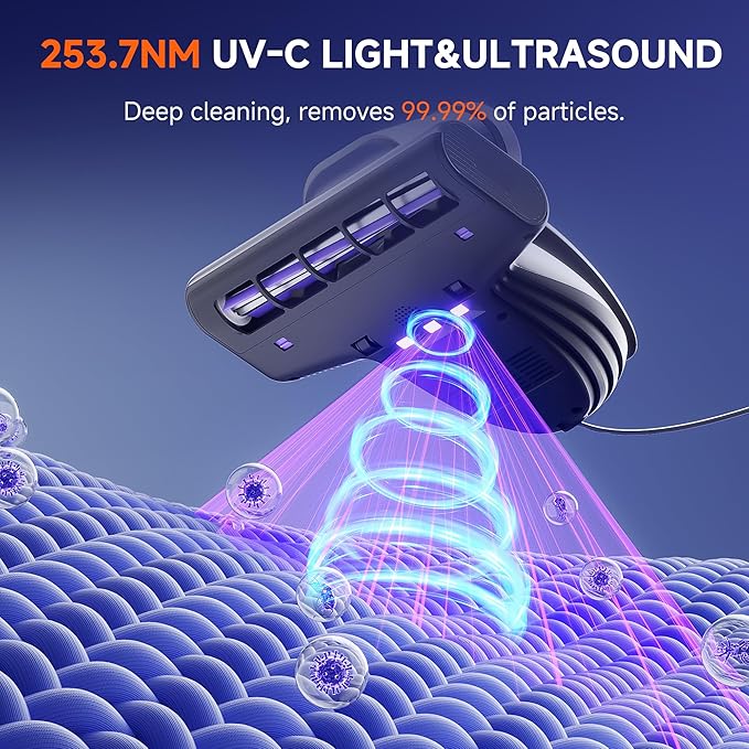 uwant Mattress Vacuum Cleaner, 18KPa Bed Vacuum with 253.7nm UV-C Light, 500W Powerful Handheld Vacuum with 65° Hot Air, 60000 RPM/Min Tapping, Ultrasonic, HEPA Filter for Bed, Sofa, Crib Set of 1