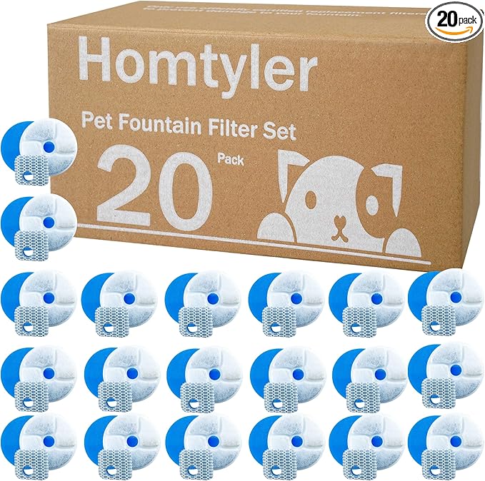 Homtyler Stainless Steel Cat Water Fountain Filters 20 Pack Cat Fountain Filter Replacement, 3 Triple Filtration System, Activated Carbon Filters for 2.2L/73oz Automatic Pet Water Fountain Filter