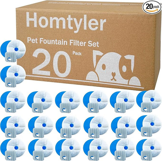 Homtyler Stainless Steel Cat Water Fountain Filters 20 Pack Cat Fountain Filter Replacement, 3 Triple Filtration System, Activated Carbon Filters for 2.2L/73oz Automatic Pet Water Fountain Filter