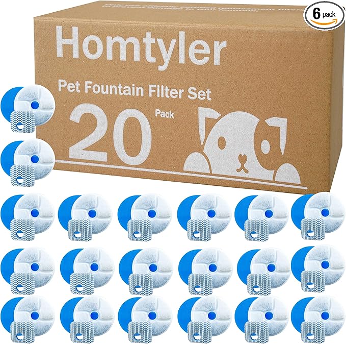 Homtyler Stainless Steel Square Cat Water Fountain Filters 6 Pack - Triple Filtration System, Activated Carbon Filters for 73oz/2.2L Automatic Pet Fountain