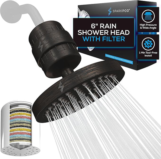 SparkPod Luxury Filtered Shower Head Set 23 Stage Shower Filter - Reduces Chlorine and Heavy Metals - High Pressure Showerhead Filter (6" Round, Vintage Oil-Rubbed Bronze)