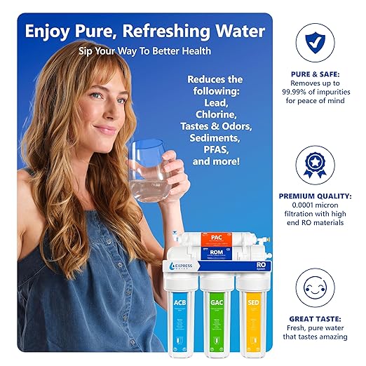 Express Water RO5DX 5-Stage Under Sink Reverse Osmosis Water Filter System, NSF Certified 372 & 58, 50 GPD, Reduces 99% of Impurities, Deluxe Chrome Faucet