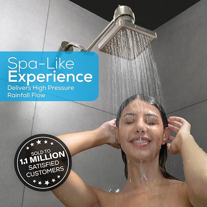 SparkPod Shower Head - High Pressure Rain - Premium Quality Luxury Design - Easy Clean Adjustable Replacement for Your Bathroom Shower Heads (Elegant Brushed Nickel, 8 Inch Square)