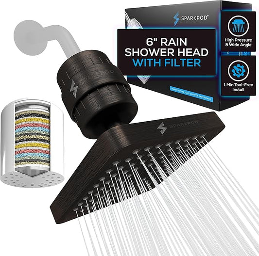 SparkPod Luxury Filtered Shower Head Set 23 Stage Shower Filter - Reduces Chlorine and Heavy Metals - High Pressure Showerhead Filter (6" Square, Vintage Oil-Rubbed Bronze)