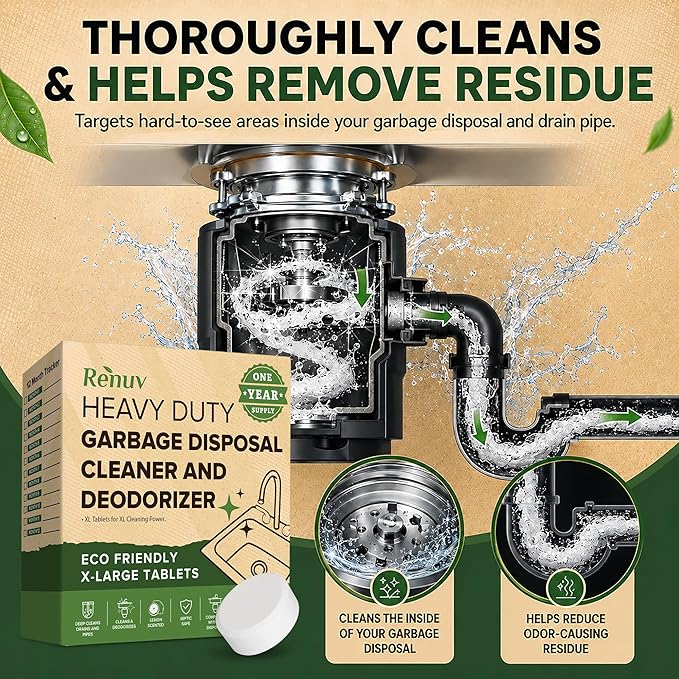 Renuv Garbage Disposal Cleaner + Dishwasher Cleaner - Heavy Duty Kitchen Appliance Deep Cleaning, Descaling and Deodorizing, (12 Tablets of each)