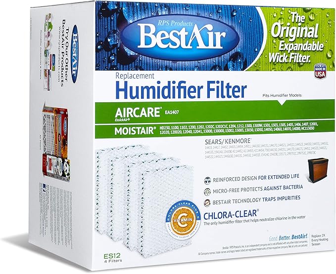 BestAir ES12-2 Extended Life Humidifier Replacement Paper Wick Humidifier Filter, For Emerson, Quiet Comfort & Kenmore Models, 10" x 9.4" x 6.5", Single Pack (4 Filters)