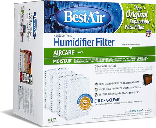 BestAir ES12-2 Extended Life Humidifier Replacement Paper Wick Humidifier Filter, For Emerson, Quiet Comfort & Kenmore Models, 10" x 9.4" x 6.5", Single Pack (4 Filters)
