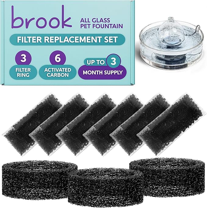 BROOK Glass Pet Fountain Filter Replacement Set – 3 Filter Rings & 6 Activated Carbon Pouches – 3 Month Supply Replacement Filters Set for BROOK Cat Fountain
