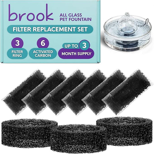 BROOK Glass Pet Fountain Filter Replacement Set – 3 Filter Rings & 6 Activated Carbon Pouches – 3 Month Supply Replacement Filters Set for BROOK Cat Fountain