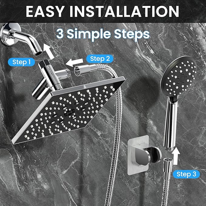 Veken High Pressure Rain Shower Head with Handheld, Square Rainfall Shower Heads with 5-Mode Handheld Spray Combo, Detachable Hand Held Showerhead with Hose, Double Regaderas Para, Chrome