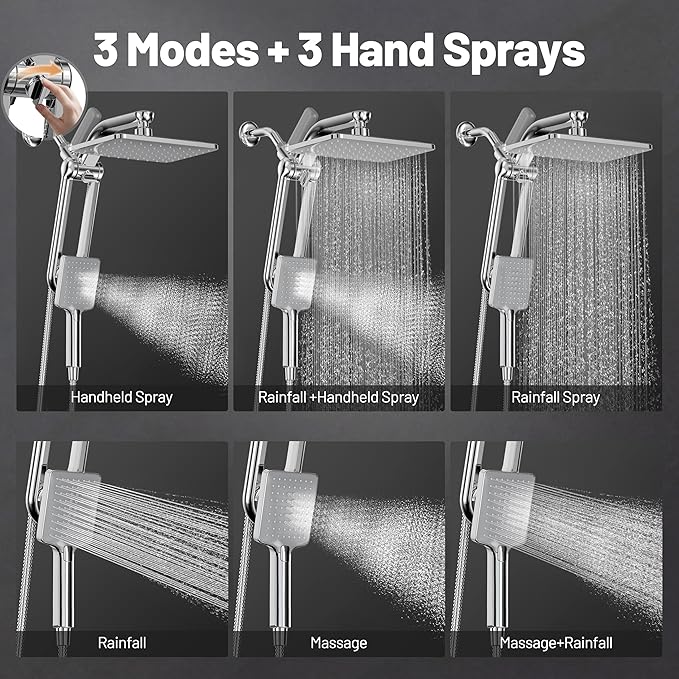 Dual Filtered Rainfall Handheld Shower Head Spray Combo, DAKINGS 7-Mode Shower Head With Handheld Spray Combination, Upgraded 11-Inch High Flow Rain Handheld Spray Combo With Fixed Showerhead, Chrome