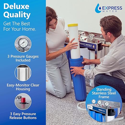 Express Water Whole House Water Filter System for Heavy Metals, 3 Stage Water Purifier Whole Home, KDF Heavy Metal Filter Targets Lead, Arsenic, Chromium, with Stainless Steel Frame & Pressure Gauges
