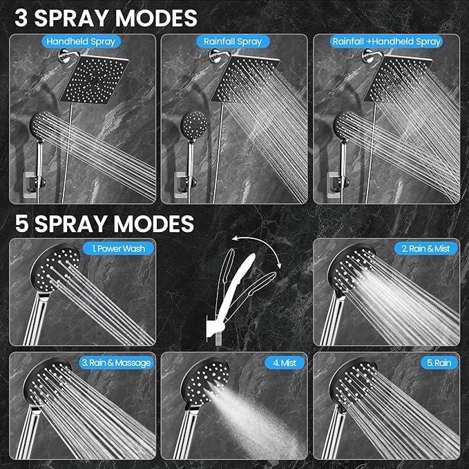 Veken High Pressure Rain Shower Head with Handheld, Square Rainfall Shower Heads with 5-Mode Handheld Spray Combo, Detachable Hand Held Showerhead with Hose, Double Regaderas Para, Chrome