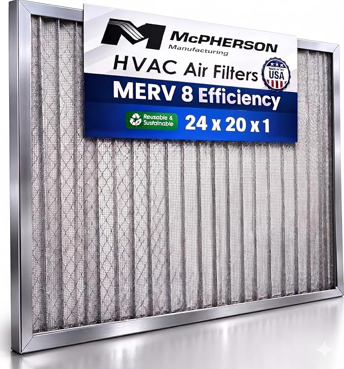 McPherson Reusable Air Filter 24x20x1 (Actual: 23.75" x 19.75" x 0.875") | Washable MERV 8 | Made in USA Metal Frame | HVAC AC Furnace | Permanent | Pet Dust Defense