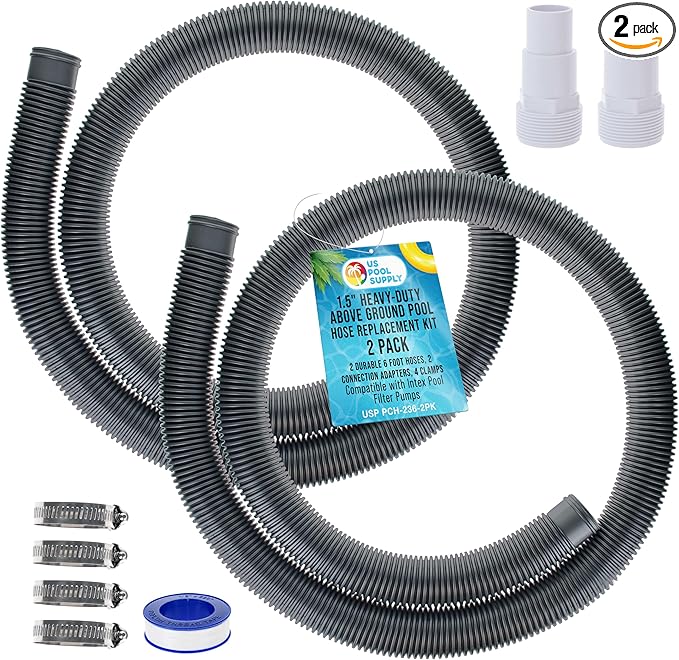U.S. Pool Supply 1.5" Heavy-Duty Above Ground Pool Hose Replacement Kit - 2 Silver 6 Foot Hoses, 2 Connection Adapters, 4 Clamps - Compatible with Intex Filter Pumps