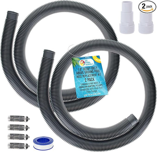 U.S. Pool Supply 1.5" Heavy-Duty Above Ground Pool Hose Replacement Kit - 2 Silver 6 Foot Hoses, 2 Connection Adapters, 4 Clamps - Compatible with Intex Filter Pumps