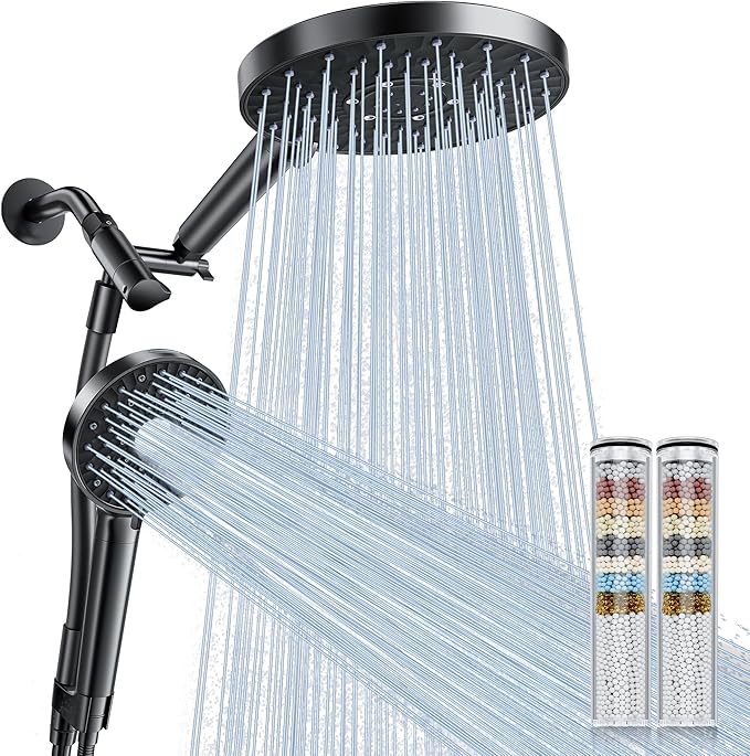 Magichome Rain/Rainfall Shower Head Filtered Handheld Combo with Large Arm, High Pressure 10 Spray Modes, Stainless Steel Hose, Water Softener Beads for Hard Water & Chlorine Removal, Matte Black