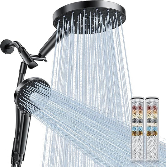 Magichome Rain/Rainfall Shower Head Filtered Handheld Combo with Large Arm, High Pressure 10 Spray Modes, Stainless Steel Hose, Water Softener Beads for Hard Water & Chlorine Removal, Matte Black