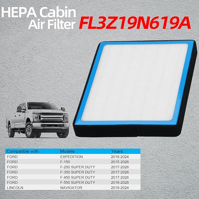 HEPA Cabin Air Filter with Activated Carbon, Replacement for FL3Z19N619A, Fits Ford F-150 F-250 F-350 F-450 Super Duty 2015-2026, Expedition, Navigator - Odor & Dust Removal