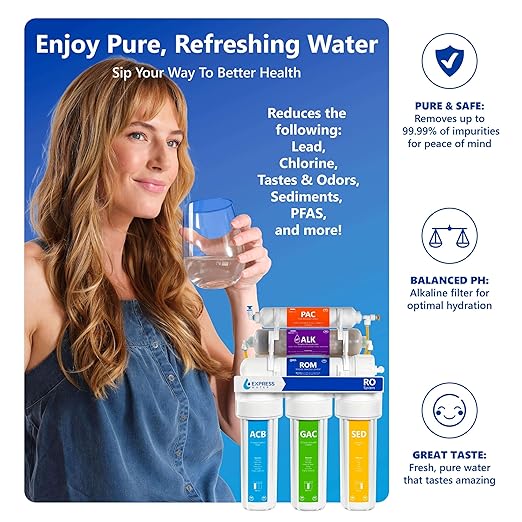 Express Water ROALK5D 10-Stage Alkaline Under Sink Reverse Osmosis Water Filter System, NSF Certified 372, 50 GPD, Reduces 99% of Impurities, BPA Free, Deluxe Chrome Faucet