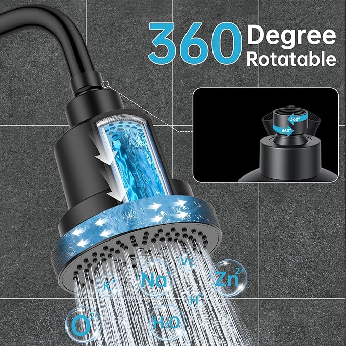 NSF Certified Filtered Shower Head with KDF-55, High Pressure 3 Spray Modes Showerhead Water Softener for Hard Water, Remove Chlorine & Impurities for Softer Skin and Hair, Matte Black