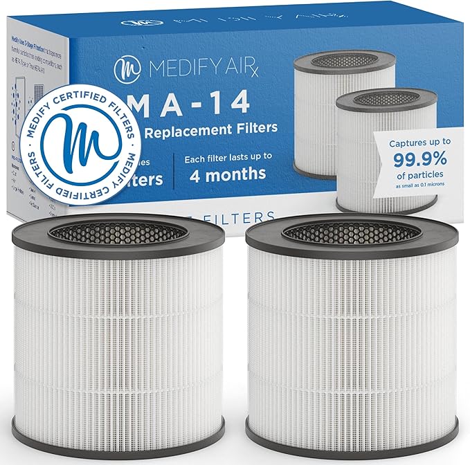 Medify MA-14 Genuine Replacement Filter for Allergens, Smoke, Wildfires, Dust, Odors, Pollen, Pet Dander | 3 in 1 with Pre-Filter, True HEPA H13 and Activated Carbon for 99.9% Removal | 2-Pack