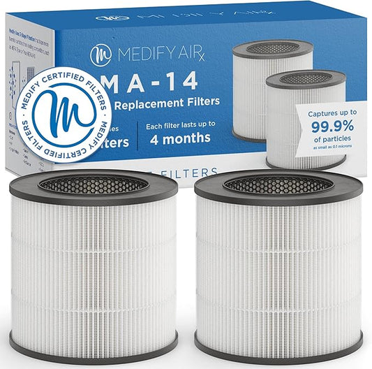Medify MA-14 Genuine Replacement Filter for Allergens, Smoke, Wildfires, Dust, Odors, Pollen, Pet Dander | 3 in 1 with Pre-Filter, True HEPA H13 and Activated Carbon for 99.9% Removal | 2-Pack