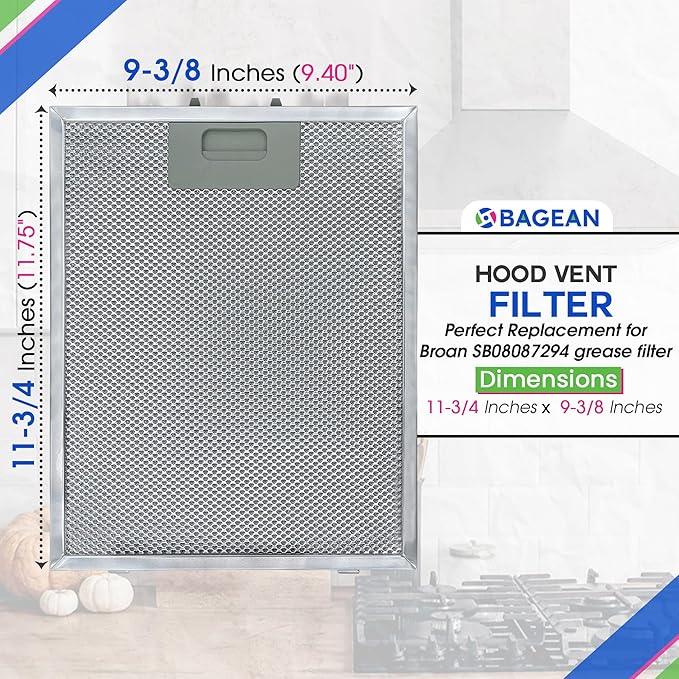 Bagean Stove Hood Vent Filter 11.75” x 9.40” SB08087294 Compatible with Broan Range Hood Filter Replacement - Aluminum Screen for Kitchen Overhead Fan - Blocks Grease & Filters over Oven Air (1-Pack)