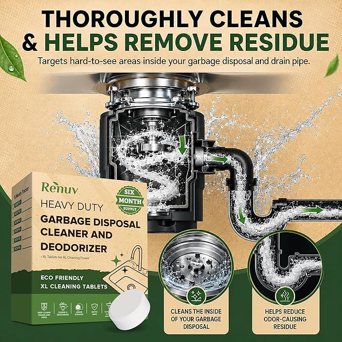 Renuv® Garbage Disposal Cleaner and Deodorizer Tablets Drain Freshener, Deodorizer, Cleaner for Garbage Disposer Cleaners (6 XL Tablets - 6 Months Supply)