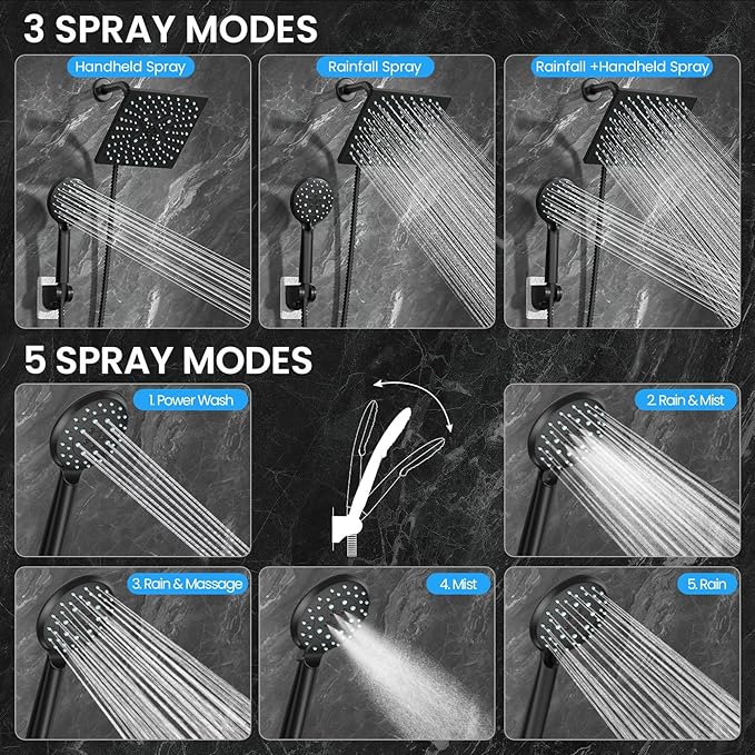 Veken High Pressure 8" Rain Shower Head with Handheld, Square Rainfall Shower Heads with 5-Mode Handheld Spray Combo, Detachable Hand Held Showerhead, Bathroom Decor，Dual Matte Black Regaderas Para