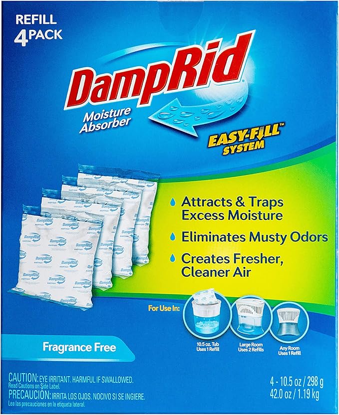 DampRid - Fragrance Free Moisture Absorber 10.5 oz. Easy Fill Refill Packs - 4 count – Attracts & Traps Moisture for Fresher, Cleaner Air