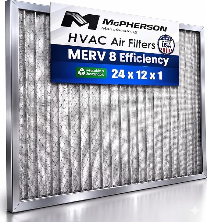 McPherson Reusable Air Filter 24x12x1 (Actual: 23.75" x 11.75" x 0.875") | Washable MERV 8 | Made in USA Metal Frame | HVAC AC Furnace | Permanent | Pet Dust Defense