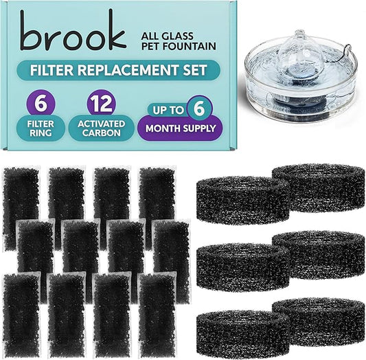 BROOK Glass Pet Fountain Filter Replacement Set – 6 Filter Rings & 12 Activated Carbon Pouches – Up to 6 Month Supply Replacement Filters Set for BROOK Cat Fountain