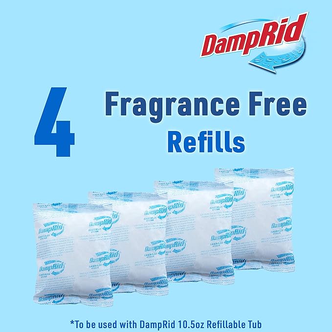 DampRid - Fragrance Free Moisture Absorber 10.5 oz. Easy Fill Refill Packs - 4 count – Attracts & Traps Moisture for Fresher, Cleaner Air