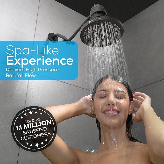 SparkPod Shower Head - High Pressure Rain - Premium Quality Luxury Design - Easy Clean Adjustable Replacement for Your Bathroom Shower Heads (Midnight Black Matte, 8 Inch Round)
