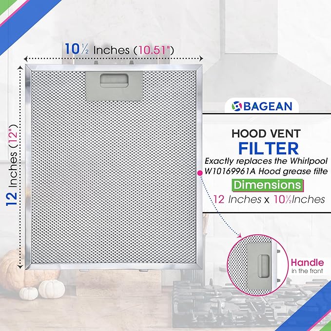 Bagean Range Hood Filter Replacement 12" x 10.5" W10169961A Compatible with Whirlpool Stove Hood Vent Filter - Aluminum Screen for Kitchen Overhead Exhaust Fan Blocks Grease & Filters Oven Air (1-Pk)
