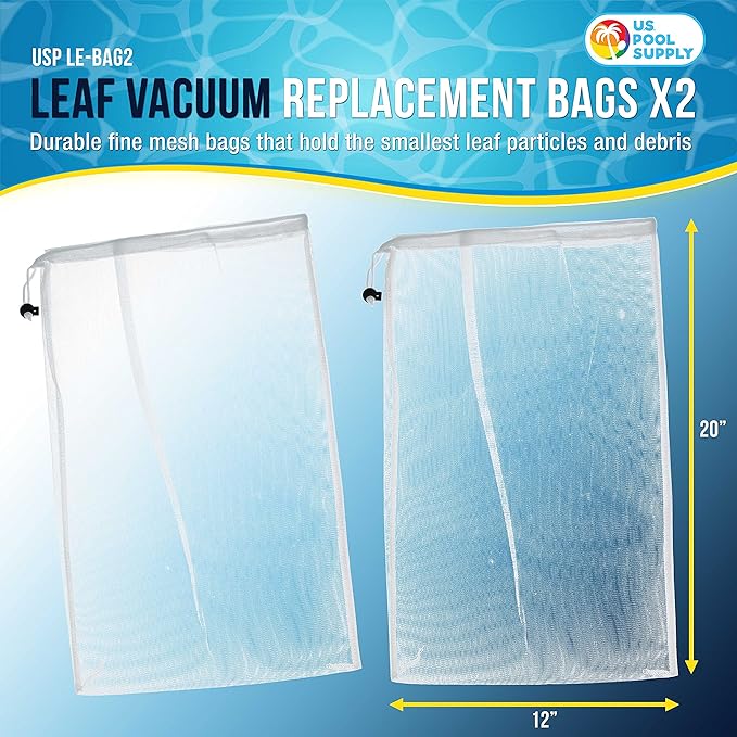 U.S. Pool Supply Fine Mesh Filter Bags for Leaf Vacuum Pool Cleaners, 2 Pack - 12" x 20" Replacement Net Bags, Pull-N-Lock Cord, Holds Leaves & Debris - Universal Fit, Leaf Terminator, Eater, Gulper